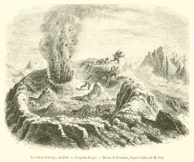 Antujo-vulkanen, Chile, gassutbrudd (gravering) av French School