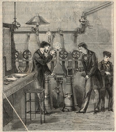Det pneumatiske postkontoret i Paris - Pneumatisk post eller pneumatisk post i Paris - Gravering i "" Sciences mise à la range de tous - physics et chimie populaires"" av Alexis Clerc - Slutten av 1800-tallet - Privat samling av French School