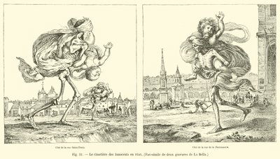 De uskyldiges kirkegård i 1640, faksimile av to graveringer av La Bella av French School