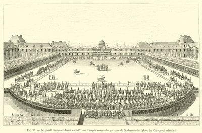 I 1662 har den store karusellen utsikt over plasseringen av Mademoiselles parterre, det nåværende Place du Carrousel av French School