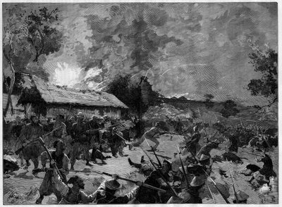 Bakholdet (guet apens) i Hue, 4.–5. juli 1885: angrep fra en tonkinesisk hær (Viet-Nam) mot de franske troppene til general de Courcy. Gravering i ""The Illustrious World"" av French School