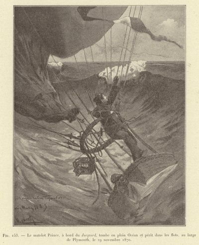 Sjømannen Prince, ombord på Jacquard, faller midt i havet og omkommer i bølgene, utenfor Plymouth, 29. november 1870 (gravering) av French School