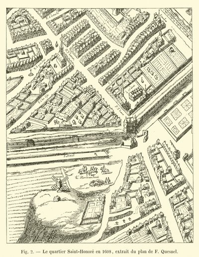 Saint-Honore-distriktet i 1608, utdrag fra planen til F Quesnel av French School