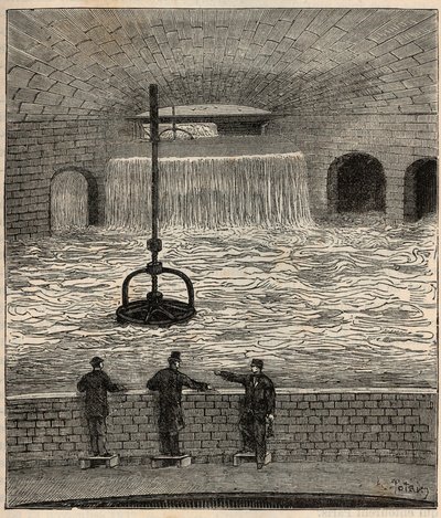 Le reservoir de Montsouris (reservoir de la Vanne), one of the five main water reservoirs of Paris - Engraving in “” Sciences brought to the grateboard of all - physics and chemistry”” by Alexis Clerc - End 19th century - Private collection av French School