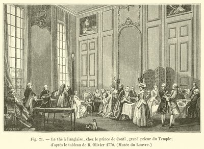 Engelsk te, med Prince de Conti, tempelets storprior; etter maleriet av B Olivier 1770, Louvre-museet av French School