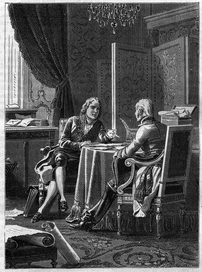 Foredrag mellom greven av Saint Julien (Saint-Julien), representant for Østerrike, og Charles Maurice av Talleyrand Perigord (Talleyrand-Perigord) av French School