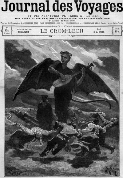 Legend of Bessarabia (Eastern Europe): Crom Lech (Crom-Lech). Satan, playing balalaika, trains dancers into an endless round. Engraving in “” Journal des Voyages”” of 26 March 1899. av French School