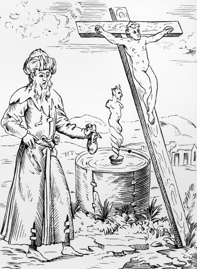 Legenden om jøden som kaller djevelen fra et blodkar, etter et tresnitt i Histoires Prodigieux av Pierre Boaistuau, utgitt 1560 av French School