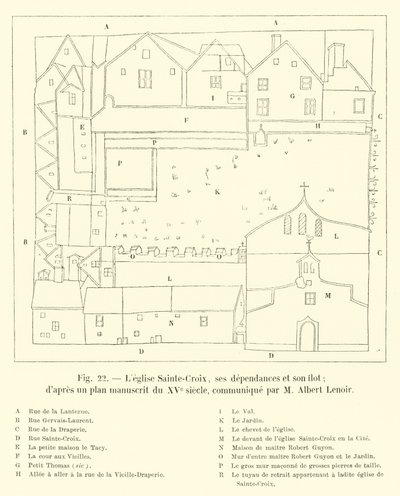 Sainte-Croix-kirken, dens uthus og øya; i henhold til en manuskriptplan fra det 15. århundre, formidlet av M Albert Lenoir av French School