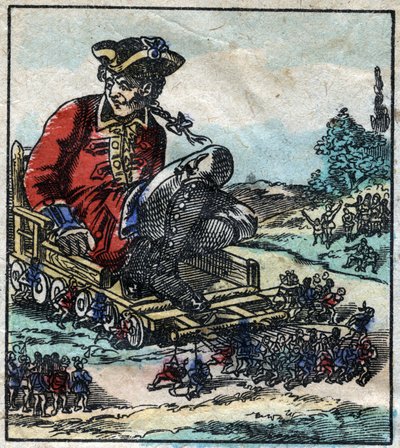 Lemuel Gulliver, a prisoner is transported on a cart pulled by the Lilliputians. Illustration for “” Gulliver