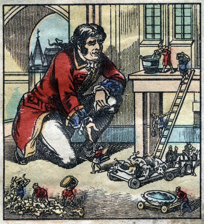 Lemuel Gulliver rådgiver for hæren til Lilliput. Illustrasjon for "" Gulliver