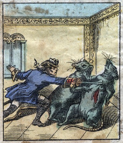 Lemuel Gulliver kjemper mot rotter i landet til gigantene i Brobdingnag. Illustrasjon for "" Gulliver