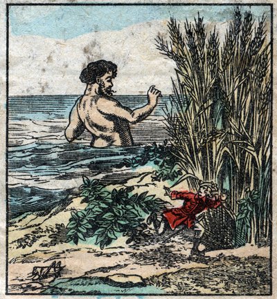 Lemuel Gulliver hides from a giant in Brobdingnag. Illustration for “” Gulliver