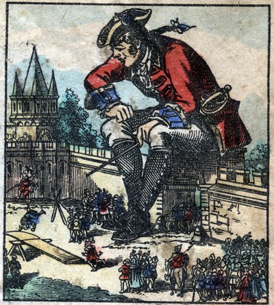 Lemuel Gulliver som sitter på byens festningsmur forklarer strategien for den lilliputiske hæren. Illustrasjon for "" Gulliver