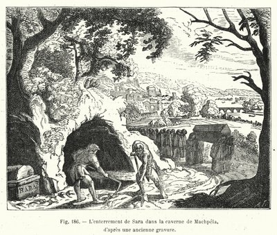 Begravelsen av Sara i hulen Machpela, fra en gammel gravering (gravering) av French School