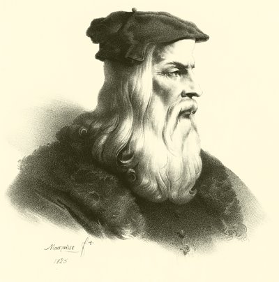 Leonardo Da Vinci, portrett (gravering) av French School