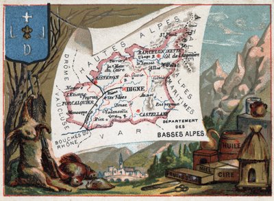 Les Basse Alpes (Basse-Alpes), Today department of the Alpes-de-Haute-Provence (Alpes de Haute-Provence 04), France. Local speciality: hunting, wax, honey, dried fruits and oil. Series on the French Departments. Chromolithography (Chromo) “” the geographic av French School
