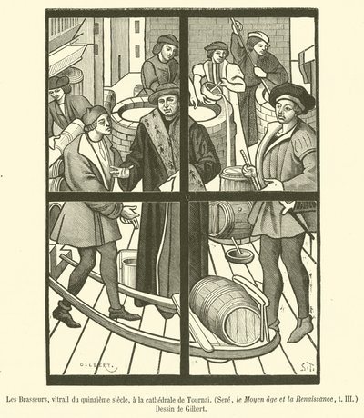 The Brewers, glassmaleri fra 1400-tallet, i katedralen i Tournai (gravering) av French School