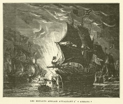 De engelske Brulots Attacking the Armada (gravering) av French School