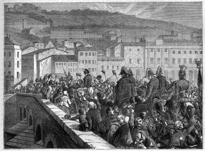 The Hundred Days: Napoleons triumfinngang til Lyon 10. mars 1815 - i "History of the Empire following the history of the consulat" av Adolphe Thiers - 1879 - privat samling av French School