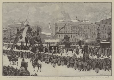 Keiser Vilhelms begravelse, prosesjonen som går under triumfbuen Friedrichstrasse, Promenade des Tilleuls (gravering) av French School
