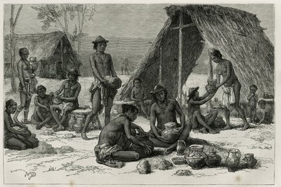 Les Indiens Galibis (eller Kalinas) som lager keramikk, gravering av D. Maillart, for å illustrere utforskningsreisen i det indre av Guyana av Dr. Jules Crevaux, lege ved den franske marinen, i 1876-1877, publisert i tour du monde , under ledelse o av French School