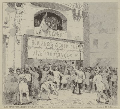 Boulangist-demonstrasjonene, Rue Montmartre, Utdelingen av kokarder (gravering) av French School