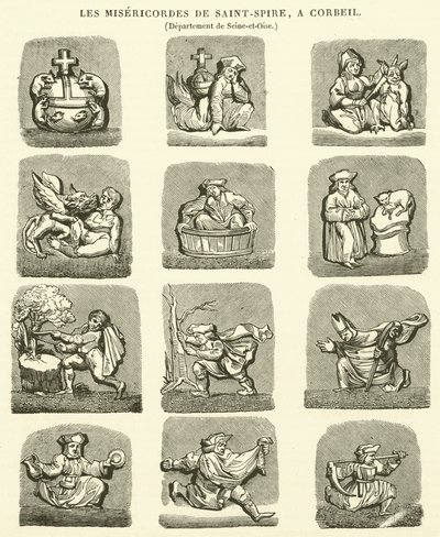 The Misericords of Saint-Spire, ved Corbeil (gravering) av French School