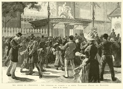 Omgivelsene rundt utstillingen, Billettselgerne ved Tourville-porten, Palais des Machines, Tegning av M Guilliod (gravering) av French School