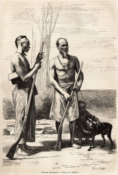Fjelljegerne på Formosa Island, gravert etter en tegning av D. Maillard, som illustrerer reisen til Kina, av J. Thompson, i 1870-1872, publisert i "" Le tour du monde""" 1875, redigert av Edouard Charton, Hachette-utgaven, Paris. Selva Collecti av French School