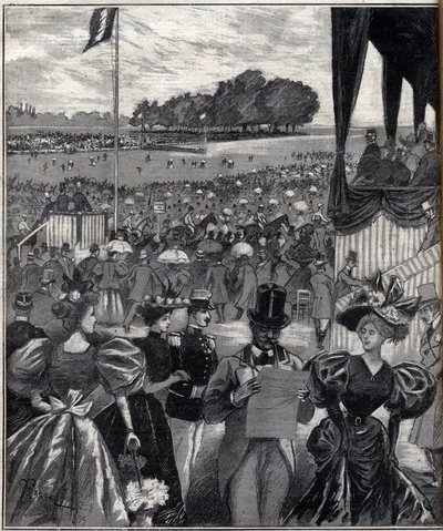 Les courses de lyon (racetracks de Lyon) - after the grand prix - engraving in “Le Progres illustrious”” of 1895 av French School