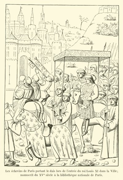 Ordførerne i Paris som bar tribunen da kong Ludvig XI entret byen; 1400-tallsmanuskript i Nasjonalbiblioteket i Paris av French School