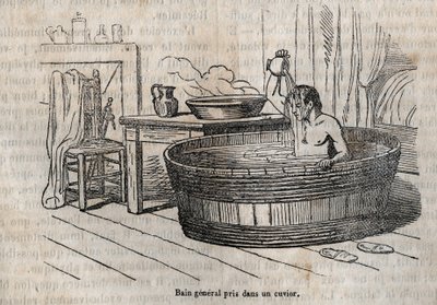 Badebevegelser - Hygiene på 1800-tallet - bad i en skål - gravering i "La Sante Universelle - Guide Medical des Familles" 1852 av French School