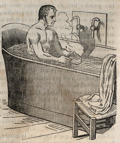 Badebevegelser - Hygiene på 1800-tallet - mann i badekar - gravering i "La Sante Universelle - Guide Medical des Familles" 1852 av French School