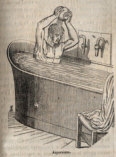 Badebevegelser - Hygiene på 1800-tallet - mann i badekar - gravering i "La Sante Universelle - Guide Medical des Familles" 1852 av French School