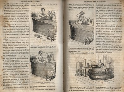 Badebevegelser - Hygiene på 1800-tallet - mann i badekar - gravering i "La Sante Universelle - Guide Medical des Familles" 1852 av French School