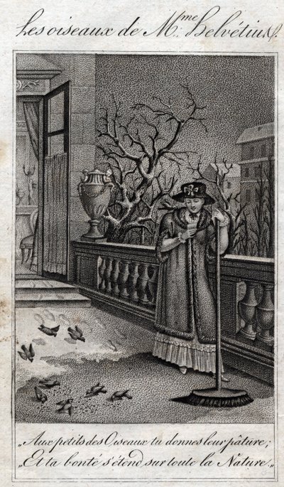 Fuglene til Madame Helvetius (Anne Catherine Helvetius) i "Råd til min datter" av Jean Nicolas Bouilly (1763-1842). 1820. Privat samling. av French School