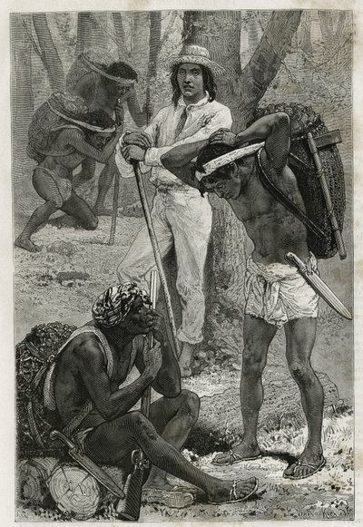 Les porters (caucheros), i Darien (regionen i det østlige Panama), gravering etter en tegning av D. Maillart, for å illustrere historien Exploration at the isthms of Panama and Darien, av A. Reclus, skipsløytnant, fra 1876 til 1878 , publisert i tour du mo av French School