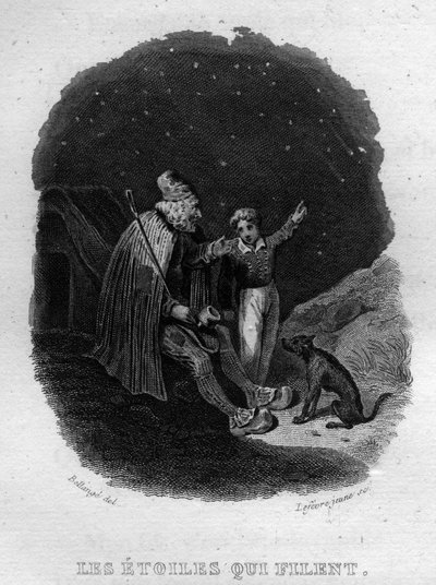 Stjernene som spinner Chanson de Beranger i "" Oeuvres completes"" (1834) av Pierre Jean de Beranger (1780-1857), fransk poet og låtskriver. av French School