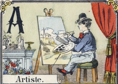 Bokstav A: kunstner. Rekreativt alfabet. Epinal avbildning. Sjablongert trestikk, ca 1880. Lite hefte på 16 sider (205 x 150 mm). Privat samling av French School