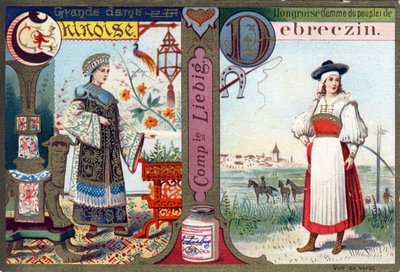 Bokstaven C som Great Chinese Lady og D som ungarsk av Debreczin. Kvinners alfabet. Serie på 12 bilder. Liebig-reklame av French School