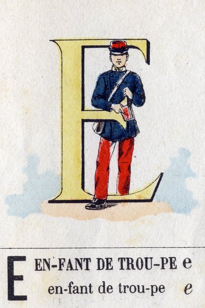 Bokstav E som troppsbarn. Militært alfabet. Avbildning av Epinal, rundt 1870-1880. Sjablongfargede tresnitt av French School