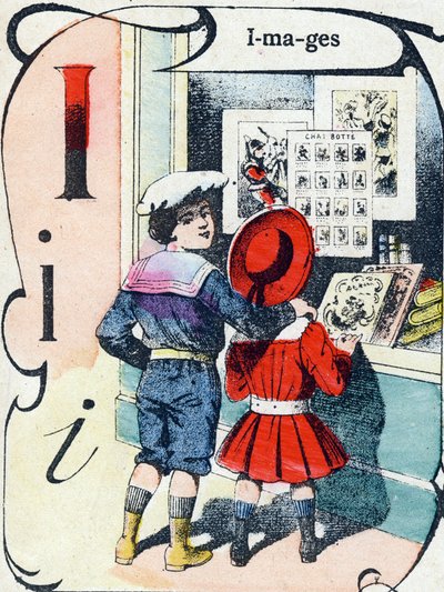 Bokstav I: bilder. Gravering i "ABC des joux pour petits boys". Avbildning av Pont-a-Mousson, Louis Vagne, trykkeri-utgiver, sent på 1800-tallet. Mål: 32,5x25 cm av French School