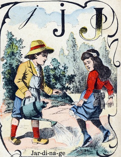 Bokstav J: Hagearbeid. Gravering i "ABC des joux pour petits boys". Avbildning av Pont-a-Mousson, Louis Vagne, trykkeri-utgiver, sent på 1800-tallet. Mål: 32,5x25 cm av French School