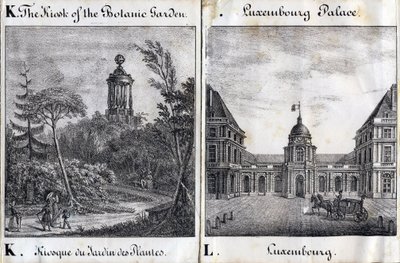 Bokstav K Kiosk av Jardin des Plantes og L Palais du Luxembourg - "Alphabet Picturesque des Monumens de Paris" ca. 1840 (gravering) av French School