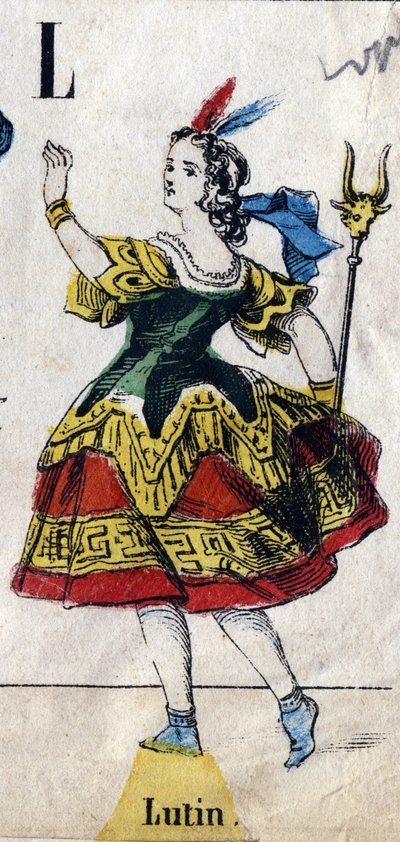 Bokstav L: Leprechaun. Gravering i "Alfabetmaskerade". Ny Epinal bildebehandling. Trykk-litografi Pinot et Sagaire, redaktører, Epinal, andre halvdel av 1800-tallet. Plate Ná 491 med 25 opplyste bokstaver. Mål: 40,5x28cm av French School