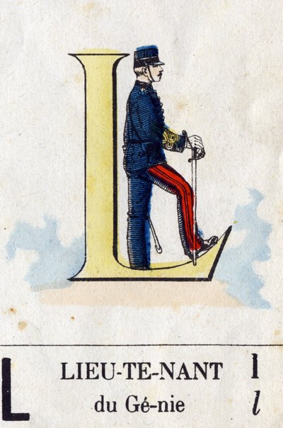 Bokstav L som løytnant. Militært alfabet. Avbildning av Epinal, rundt 1870-1880. Sjablongfargede tresnitt av French School