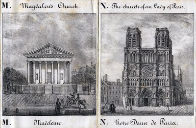 Bokstaven M Madeleine og N Notre-Dame de Paris (Notre Dame de Paris) - "Alphabet Picturesque des Monumens de Paris" ca. 1840 (gravering) av French School