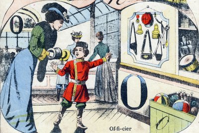 Bokstav O offiser. Gravering i "ABC des joux pour petits boys". Avbildning av Pont-a-Mousson, Louis Vagne, trykkeri-utgiver, sent på 1800-tallet. Mål: 32,5x25 cm av French School