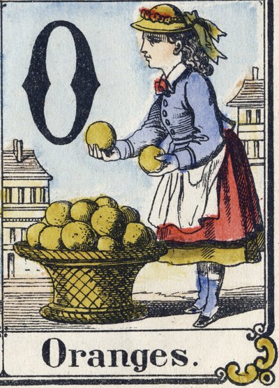 Bokstav O: Appelsiner. Rekreativt alfabet. Epinal avbildning. Stensilerte trestikk, ca 1880. Lite hefte på 16 sider av French School